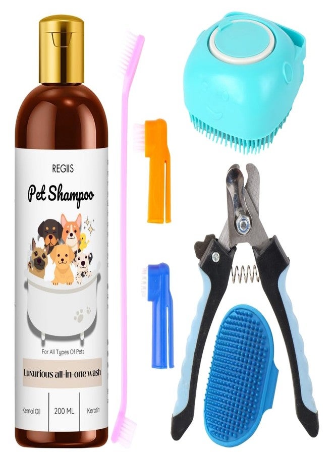 مجموعة ريجيس للعناية بالحيوانات الأليفة مع شامبو، غسول متكامل 200 مل مع زيت نواة الدجاج والكيراتين، تتضمن فرشاة تدليك وأدوات تنظيف (عبوة من 5 قطع) - Image 1